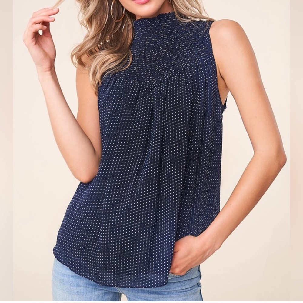 Vici (Sugar Lipz) Navy blue white polka dot smocked mock neck